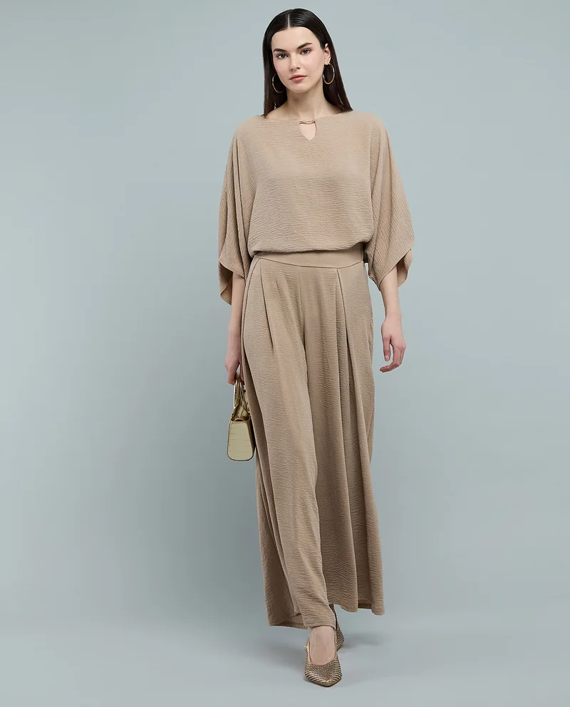 R&b Textured Wide Leg Pants with Elastic Waist
