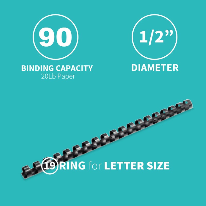 Binditek 100 Pack Plastic Binding Comb Spines, 1/2 Inch Diameter, 90 Sheet Capacity, for Letter Size, Black, for Students and Coworkers - Image 4