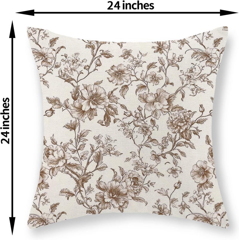 GOLIANDA Brown Pillow Covers 24x24 Set of 2 Brown and Cream Floral Chinoiserie Throw Pillows Vintage Rustic Toile Flower Decorative Pillow Cases Outdoor Chinoiserie Decor Cushion Case for Couch Sofa - Image 2