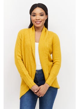 Zero Women Split Neck Long Sleeve Textured Open Front Cardigan, Mustard  - Image 1