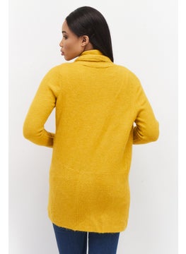 Zero Women Split Neck Long Sleeve Textured Open Front Cardigan, Mustard  - Image 4