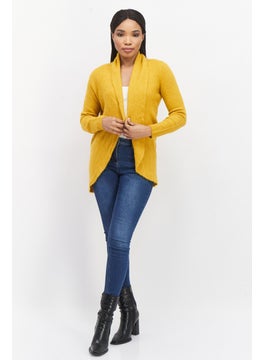 Zero Women Split Neck Long Sleeve Textured Open Front Cardigan, Mustard  - Image 2