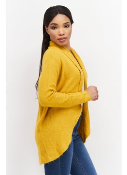 Zero Women Split Neck Long Sleeve Textured Open Front Cardigan, Mustard  - Image 3