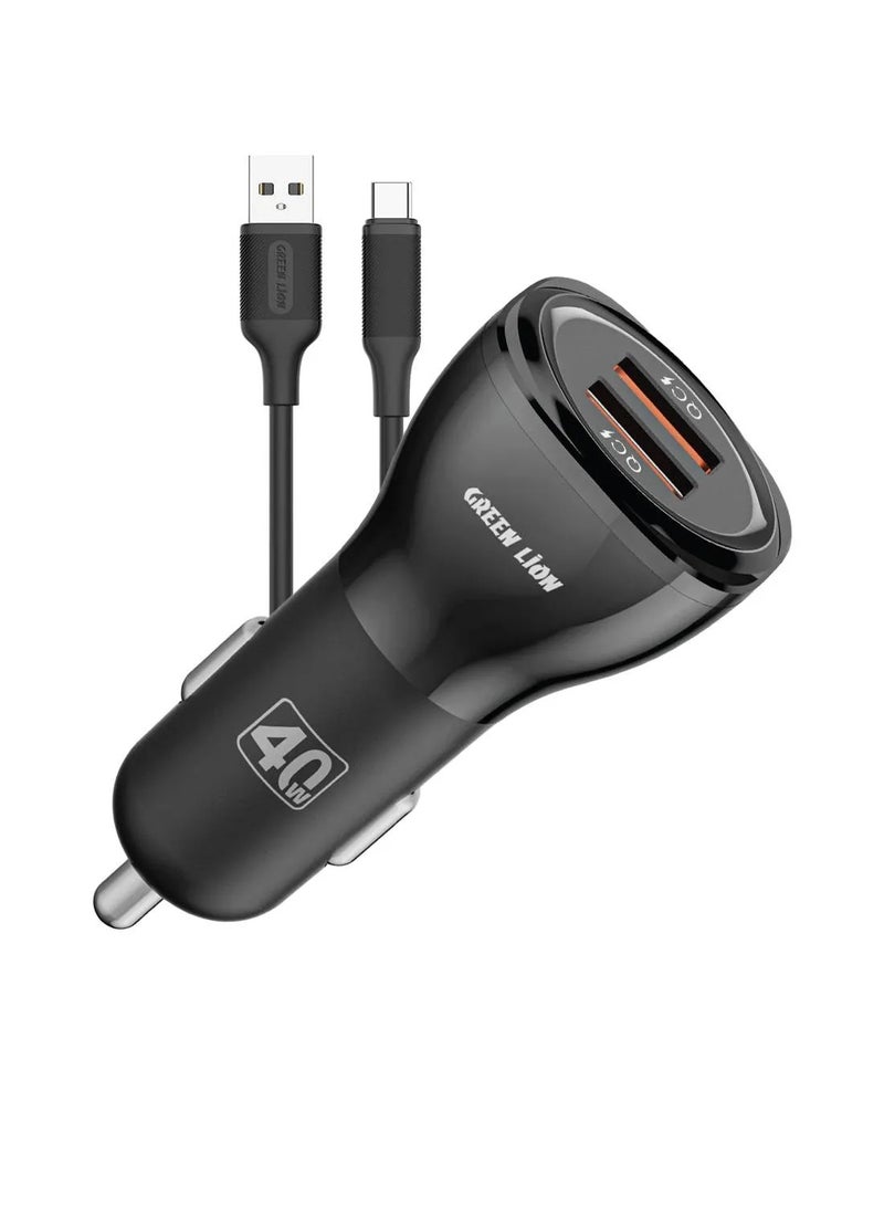 GREEN LION 40W Dual Port QC3.0 Car Charger with USB-A to USB-C Cable 1M / 2 USB-A Port / Fast Charging / PC Flame Retardant Material / Multiple Protection / Compact Design - Black - Image 1