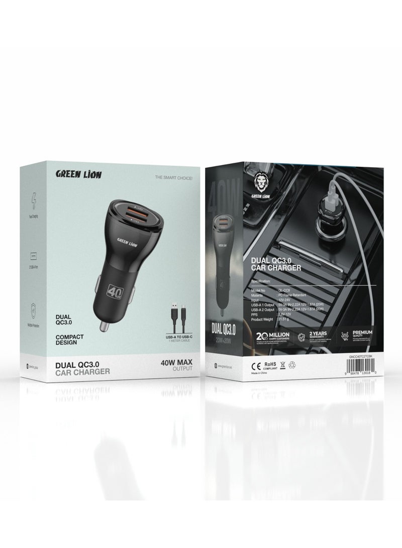 GREEN LION 40W Dual Port QC3.0 Car Charger with USB-A to USB-C Cable 1M / 2 USB-A Port / Fast Charging / PC Flame Retardant Material / Multiple Protection / Compact Design - Black - Image 5