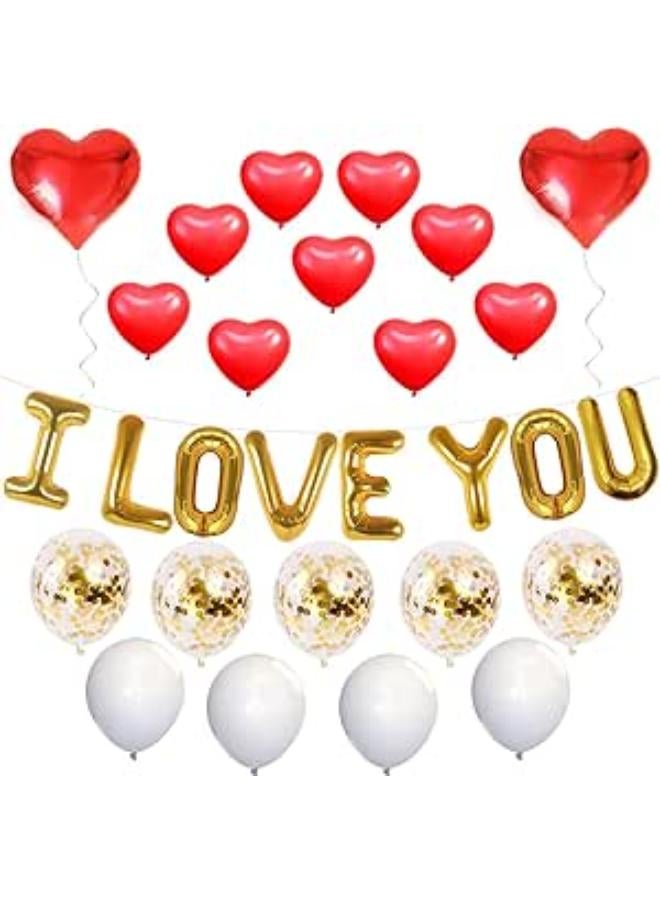 ديكورات عيد الحب I LOVE YOU - مجموعة بالونات، عبوة من 25 بالونة - بالونات لاتكس على شكل قلب - بالونات قصاصات ذهبية - زينة عيد الحب - بالونات فويل على شكل قلب بالونات عيد الحب باللونين الأحمر والأبيض