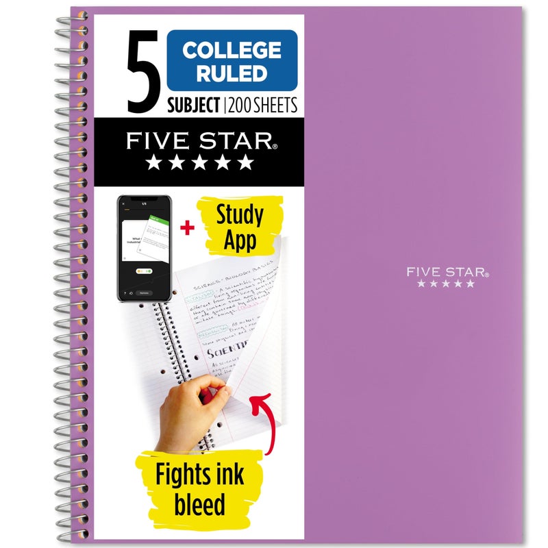 Five Star Spiral Notebook + Study App, 5 Subject, College Ruled Paper, 8-1/2" x 11", 200 Sheets, Fights Ink Bleed, Water Resistant Cover, Amethyst Purple (38748) - Image 1