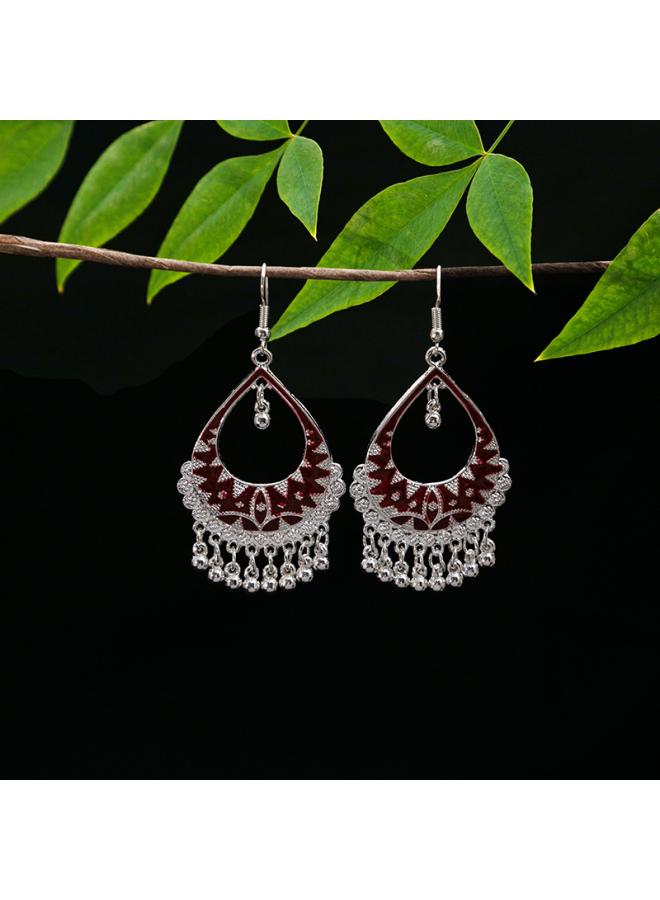 Tourism Imitation Miao Silver Alloy Earrings Retro Ethnic Style Geometric Water Drop Round Bell Tassel Hollow Earrings 