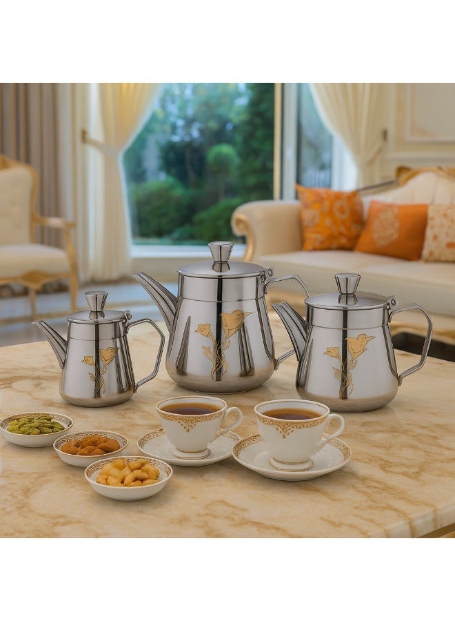 المرحومي طقم أباريق شاي فاخر من الستانلس ستيل – 3 قطع بتصميم أنيق ذهبي - Image 1