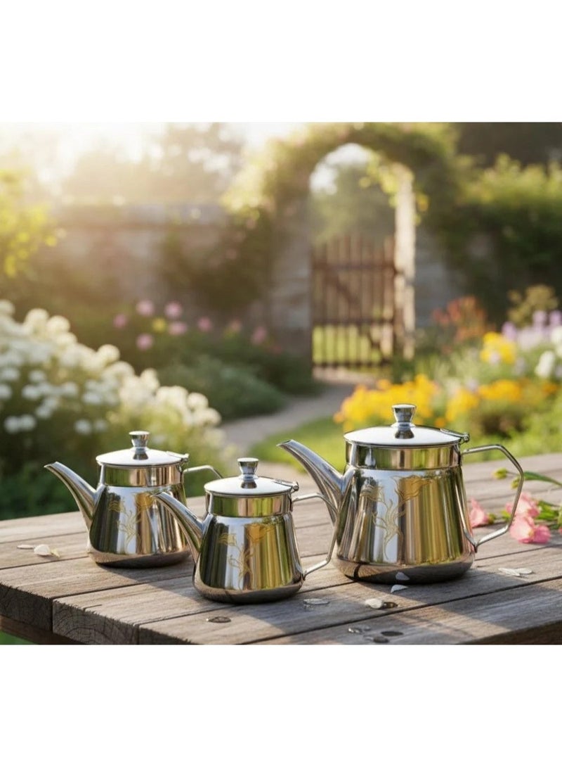 المرحومي طقم أباريق شاي فاخر من الستانلس ستيل – 3 قطع بتصميم أنيق ذهبي - Image 2