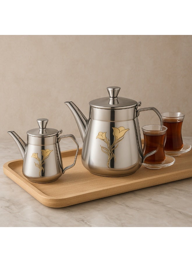 المرحومي طقم أباريق شاي فاخر من الستانلس ستيل – 3 قطع بتصميم أنيق ذهبي - Image 4