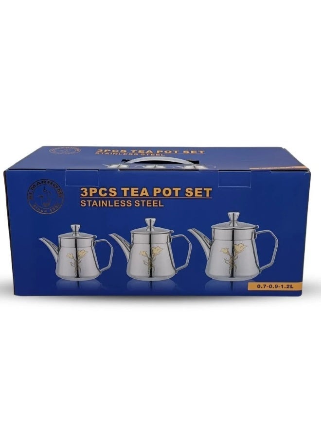المرحومي طقم أباريق شاي فاخر من الستانلس ستيل – 3 قطع بتصميم أنيق ذهبي - Image 5