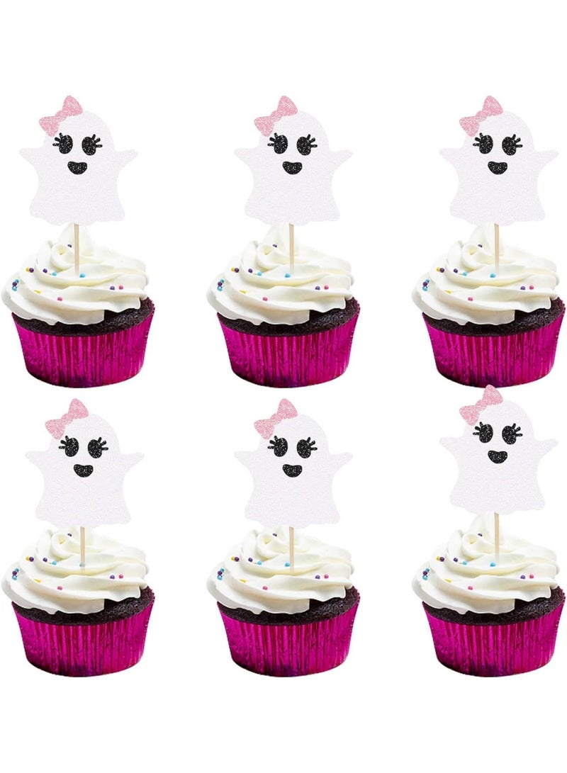 ThePartyPopper Pink & White Ghost Halloween Cupcake Toppers Pack of 10 Spooky Party Cake Decorations - Image 1
