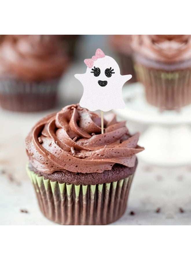 ThePartyPopper Pink & White Ghost Halloween Cupcake Toppers Pack of 10 Spooky Party Cake Decorations - Image 3
