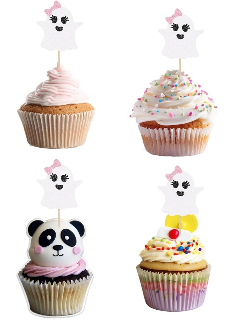 ThePartyPopper Pink & White Ghost Halloween Cupcake Toppers Pack of 10 Spooky Party Cake Decorations - Image 2