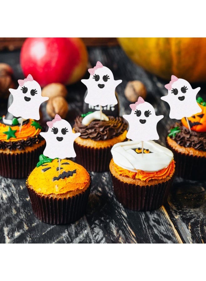 ThePartyPopper Pink & White Ghost Halloween Cupcake Toppers Pack of 10 Spooky Party Cake Decorations - Image 4