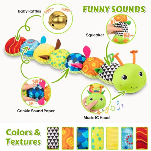 TOHIBEE Baby Toys Musical Caterpillar, Infant Stuffed Animal for 0-6 6-12 Months with Crinkle and Rattles, Tummy Time Sensory Toys Newborn Boys Girls Gifts 0 3 6 9 12 Months - Green - Image 3