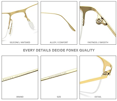 FONEX Metal Square Eyeglasses,Half Semi Rimless Lightweight Glasses Frame for Men (8101 Gold) - Image 3