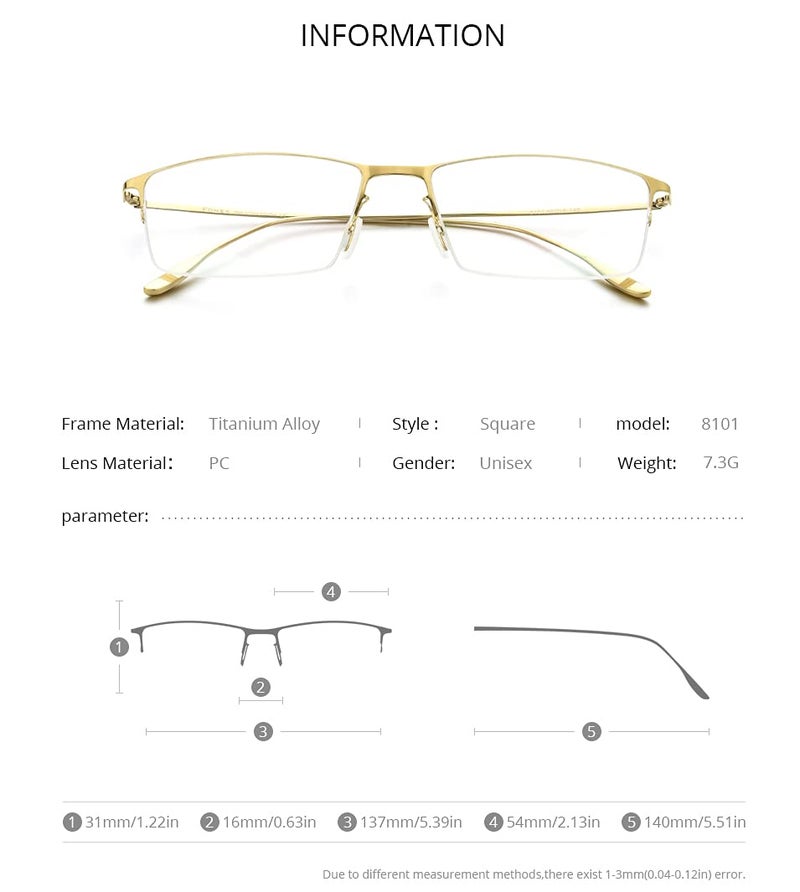 FONEX Metal Square Eyeglasses,Half Semi Rimless Lightweight Glasses Frame for Men (8101 Gold) - Image 2