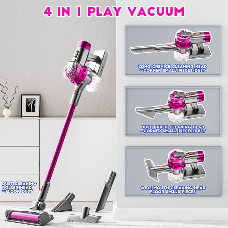 BLAXTEM 4-in-1 Kids Toy Vacuum That Works, Toddler Pretend Play Cleaning Set with Real Suction, Toys Working Cleaner Birthday Idea for 3 4 5 6 7+ Year Girl Boy (Rose Red) - Image 4