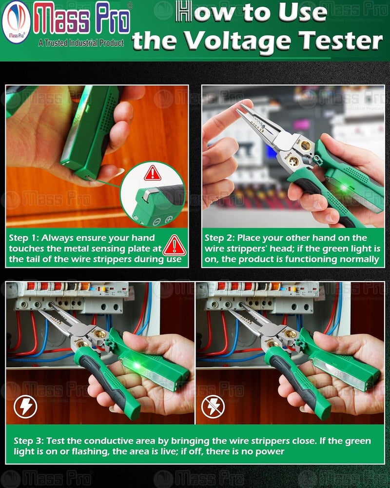 Mass Pro 8 In 1 Wire Stripper, Wire Stripping Tool with Voltage Tester, Cable Cutters with Plier, Crimper, Splitting, Wire Stripper Tool for 10-18 AWG for Electrician Work 111. - Image 3