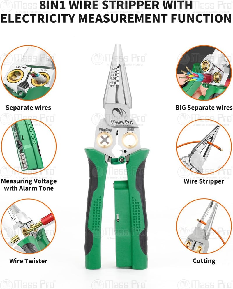 Mass Pro 8 In 1 Wire Stripper, Wire Stripping Tool with Voltage Tester, Cable Cutters with Plier, Crimper, Splitting, Wire Stripper Tool for 10-18 AWG for Electrician Work 111. - Image 4