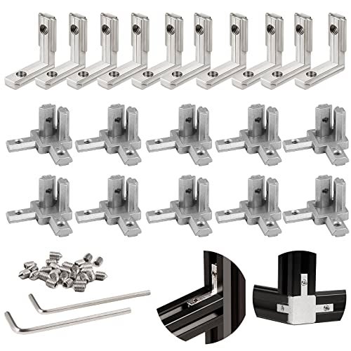 tchrules 22Pcs 2020 Aluminum Extrusion Accessories Connectors Corner End Caps L Brackets 3-Way End Corner Angle Bracket Silver T Slot Interior Corner Joint Bracket Slot Connector Set 6mm with Screws&Wrench - Image 1