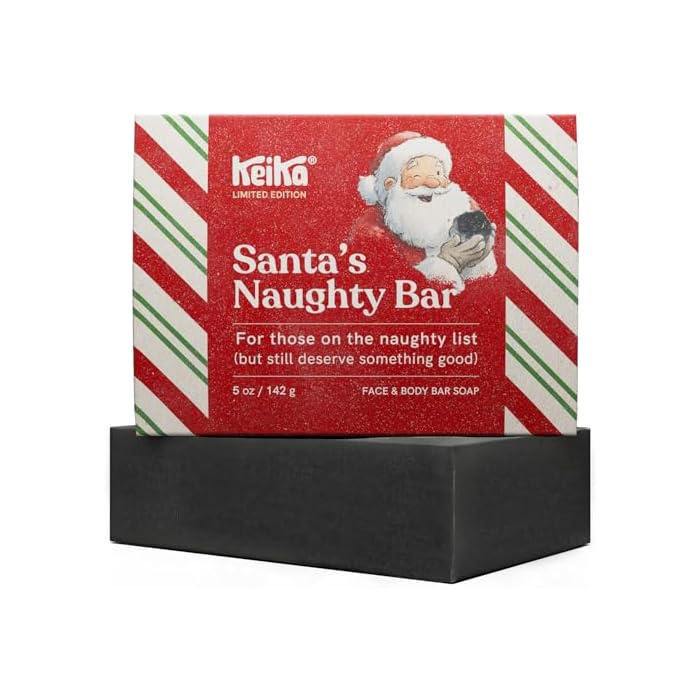 Keika Charcoal Christmas Soap – Santa’s Naughty Bar, Lump of Coal Holiday Gift Idea Stocking Stuffer for Men Women Teens, Natural Black Soap for Eczema, Psoriasis, Oily Skin, 5 oz.