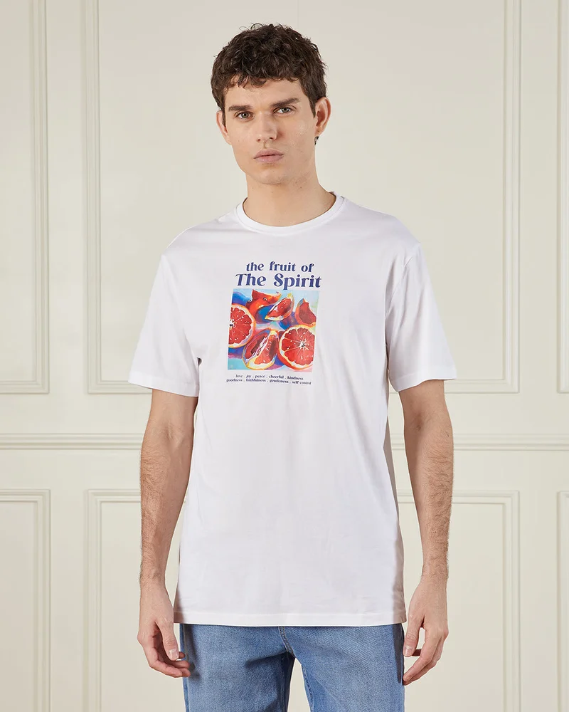 Redtag Men White Basic Graphic T-Shirt