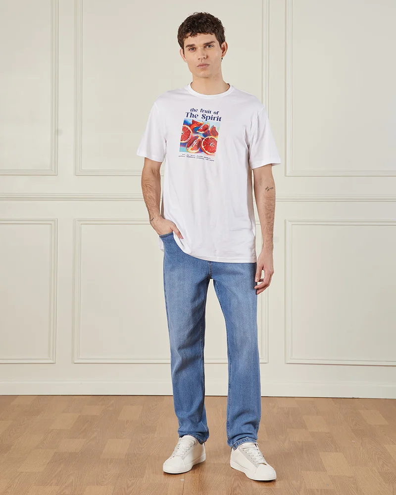 Redtag Men White Basic Graphic T-Shirt