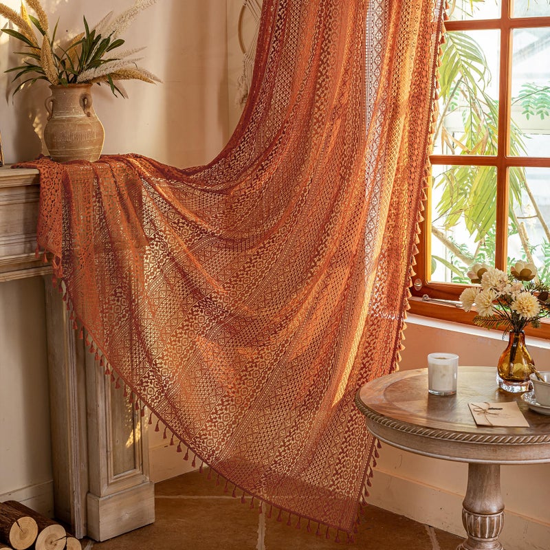 WAZZIO Boho Lace Curtains 84 Inches 2 Panel,Light Filtering Privacy Tassel & Geometry Crochet Semi Sheer Curtain Drapes for Bedroom Living Dining Room,Rod Pocket & Tassel,Full Decor,Burnt Orange - Image 4