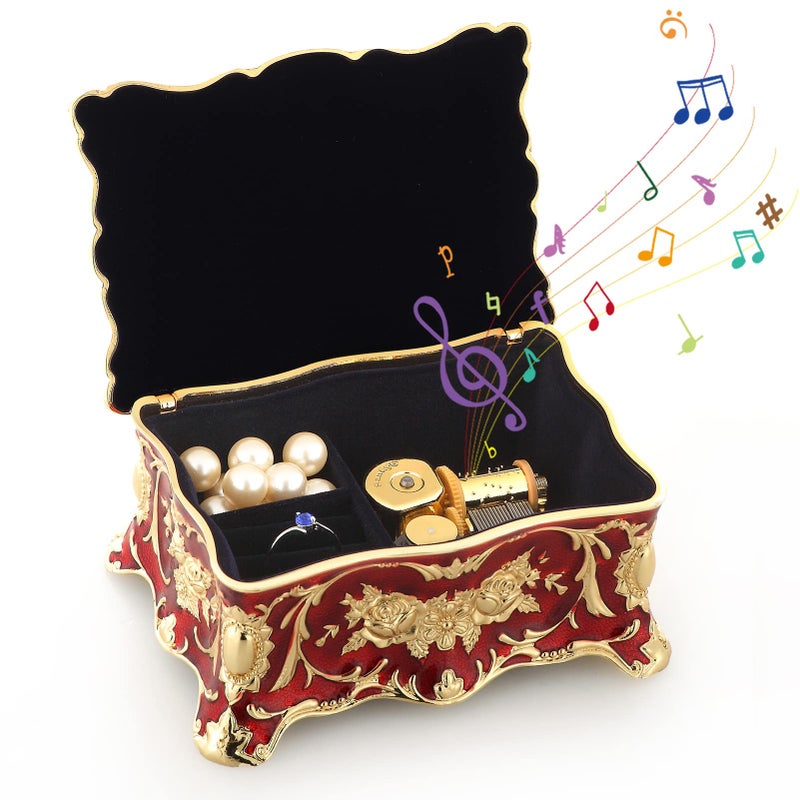 ROSIKING ROSIKING Red Rectangle Emboss Alloy Metal Music Box Wind Up Antique Jewelry Musical Boxes Christmas Birthday Valentines Day Gifts Plays AnastasiaOnce Upon a December 