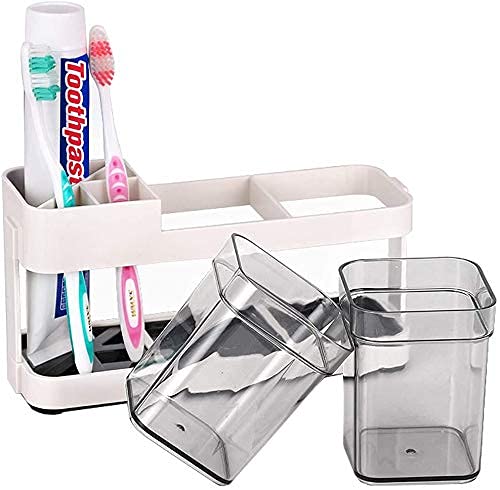 Fennec Mart 2 Cup Plastic Toothbrush Holder Toothpaste Stand Bathroom Storage Organizer with 4 Slots for Toothbrushes Shaving kit - Image 1