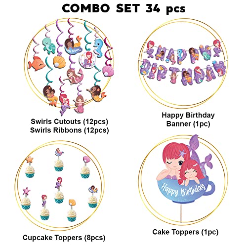 Festiko® Mermaid Theme Happy Birthday Party Decoration Combo (34 Pcs), Mermaid Themes Party Favors for Kids Birthday Decoration(Banner,Swirls,Cake Topper,Cup Cake Toppers) - Image 2