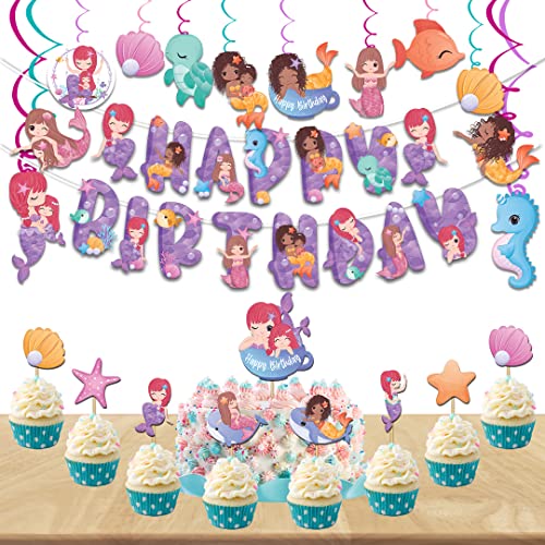 Festiko® Mermaid Theme Happy Birthday Party Decoration Combo (34 Pcs), Mermaid Themes Party Favors for Kids Birthday Decoration(Banner,Swirls,Cake Topper,Cup Cake Toppers) - Image 1