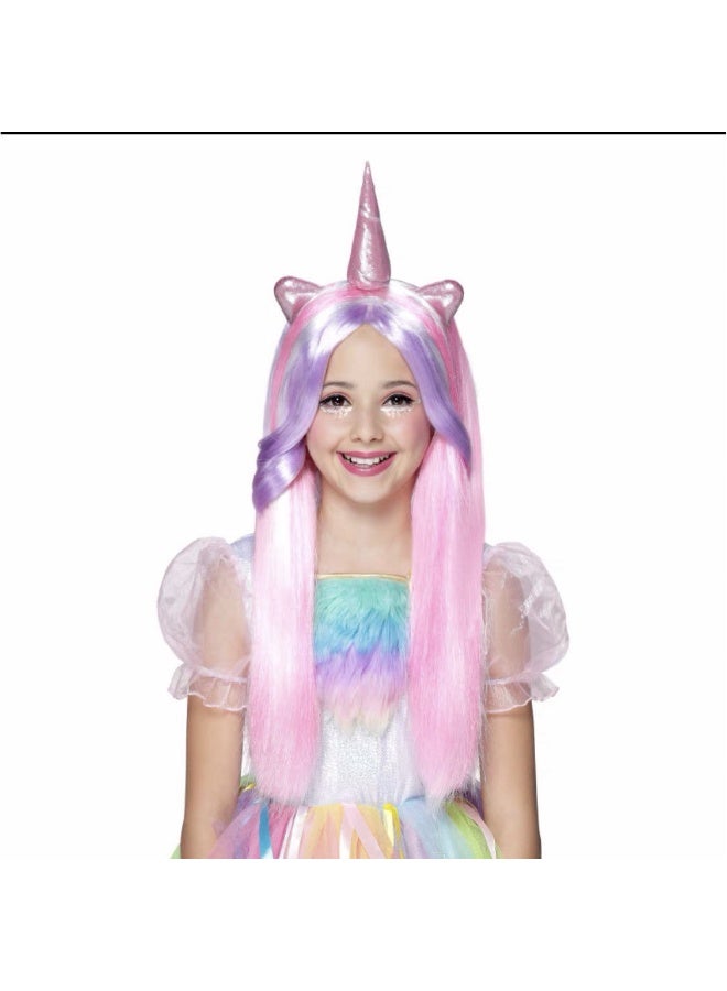 Generic Christmas Halloween Womens Dance Cosplay Princess Cute Unicorn Colorful Rainbow Tail Childrens Wig Pre-Lace Hair Cover Cute pink purple unicorn