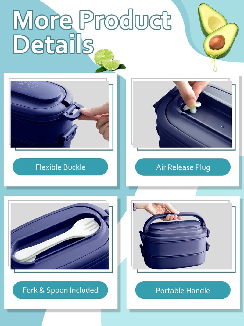 CHARMDOO Bento Box Adults Lunch Box: Stackable Lunchbox w/Utensils, Leak-Proof Portable Lunch Container w/Divided Compartments, 1550ml Microwave Safe Lunch Box for Work, Outdoors, Navy Blue - Image 5