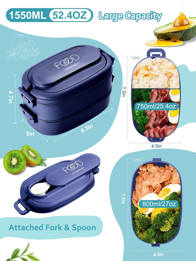 CHARMDOO Bento Box Adults Lunch Box: Stackable Lunchbox w/Utensils, Leak-Proof Portable Lunch Container w/Divided Compartments, 1550ml Microwave Safe Lunch Box for Work, Outdoors, Navy Blue - Image 2