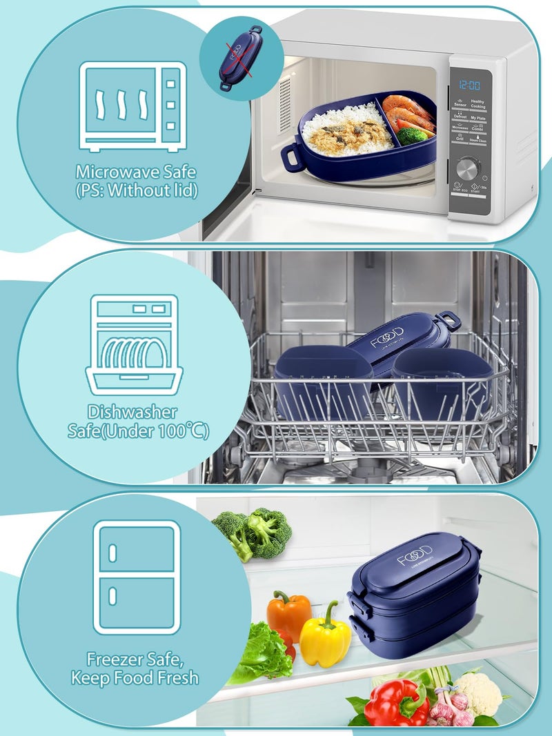 CHARMDOO Bento Box Adults Lunch Box: Stackable Lunchbox w/Utensils, Leak-Proof Portable Lunch Container w/Divided Compartments, 1550ml Microwave Safe Lunch Box for Work, Outdoors, Navy Blue - Image 4