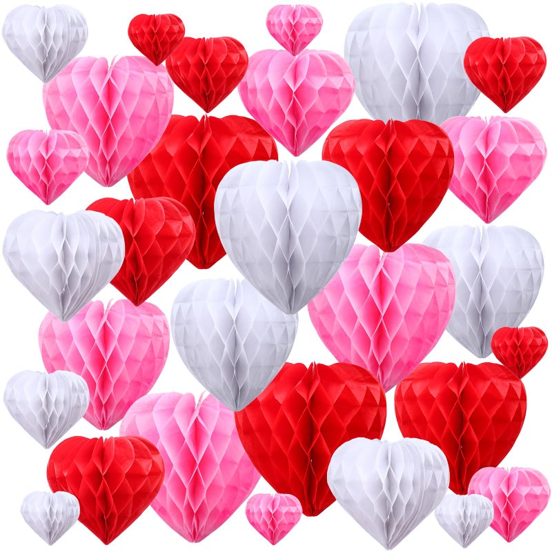 Seajan 30 Pcs Heart Honeycomb Party Decorations Red Pink White Tissue Paper Heart Shaped Pom Poms Decoration Valentine Hanging Decorations for Birthday Wedding 5 Size