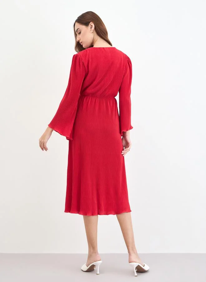 Styli  Red Pleated Bell Sleeve Midi Dress for Women | Best Price UAE
