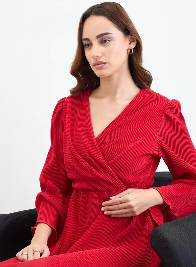 Styli  Red Pleated Bell Sleeve Midi Dress for Women | Best Price UAE