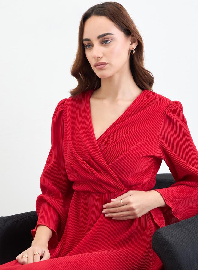 Styli Red Pleated Bell Sleeve Midi Dress - Image 3