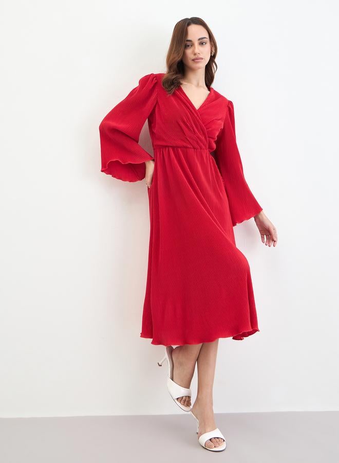 Styli Red Pleated Bell Sleeve Midi Dress - Image 1