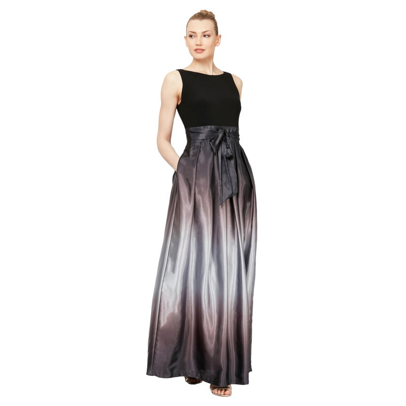 S.L. Fashions فساتين S.L. Fashions النسائية من الساتان الطويل لعرائس الأم مع جيوب، فستان حفلات رسمي، أسود فضي، 14P - Image 1