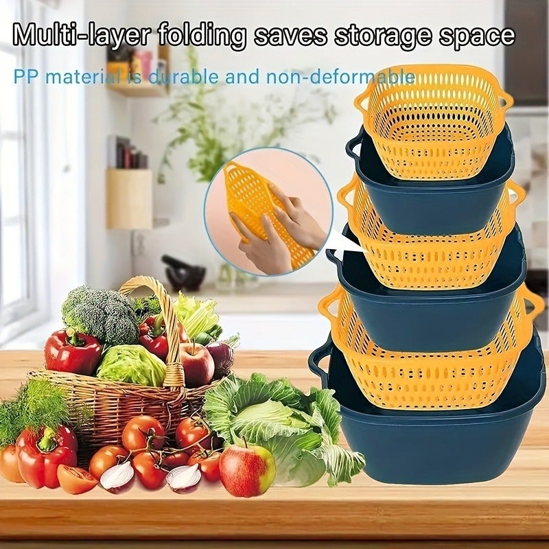 3pcs Basket + 3pcs Bowl Set - Large Capacity Double-Layer Drain Basket, Food Storage and Organization Kit, Plastic Filter Strainer Basket, Reusable Vegetable Washing Basket, Kitchen Household Strainer, Fruit and Vegetable Washing Basket - Image 3