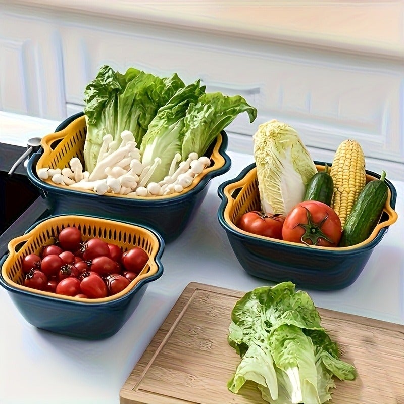 3pcs Basket + 3pcs Bowl Set - Large Capacity Double-Layer Drain Basket, Food Storage and Organization Kit, Plastic Filter Strainer Basket, Reusable Vegetable Washing Basket, Kitchen Household Strainer, Fruit and Vegetable Washing Basket - Image 4
