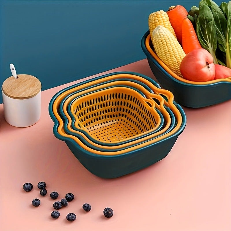 3pcs Basket + 3pcs Bowl Set - Large Capacity Double-Layer Drain Basket, Food Storage and Organization Kit, Plastic Filter Strainer Basket, Reusable Vegetable Washing Basket, Kitchen Household Strainer, Fruit and Vegetable Washing Basket - Image 2
