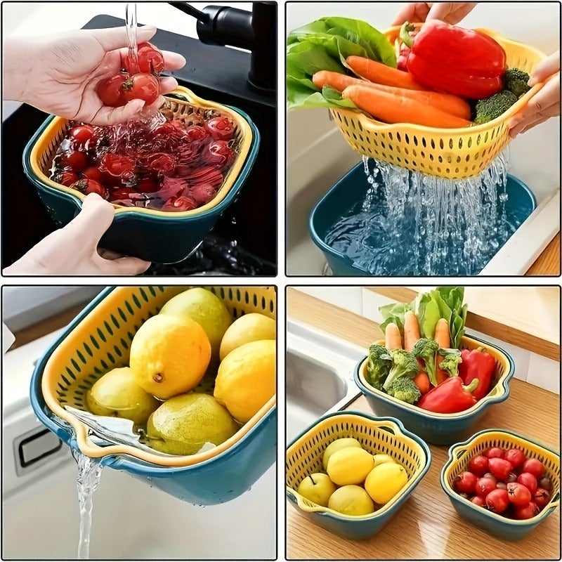 3pcs Basket + 3pcs Bowl Set - Large Capacity Double-Layer Drain Basket, Food Storage and Organization Kit, Plastic Filter Strainer Basket, Reusable Vegetable Washing Basket, Kitchen Household Strainer, Fruit and Vegetable Washing Basket - Image 5