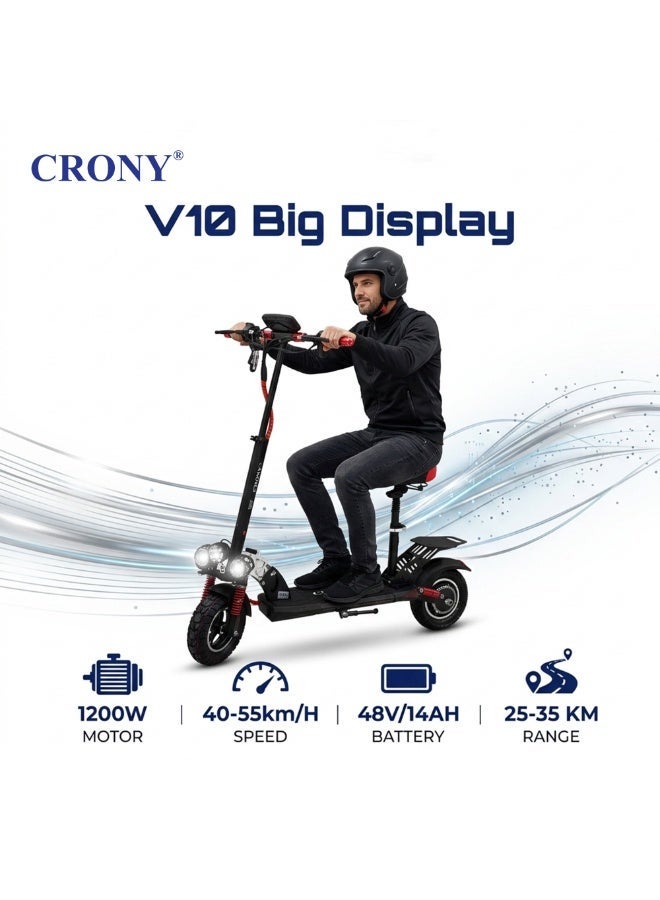 Crony V10 Big LED Display 1200W Motor E-Scooter, 55km/h Max Speed ,25-35KM Range, 48V 14AH Battery, 10” Off-Road Rubber Tires, Dual Disc Brakes, Front & Rear Suspension, Foldable Aluminum Frame, Triple LED Headlights, LED Base Lighting, Electric Scooter for Adults/Teens with Seat, Heavy Duty 120kg Load Capacity, Fast Urban Commuter E-Skateboard for Teens and Adults, Long Range, E-bike with pneumatic Tires and Easy Folding Design, Fast Urban Commuter Motorized Scooter,Perfect Scooter for Outdoor Adventures Red - Image 2